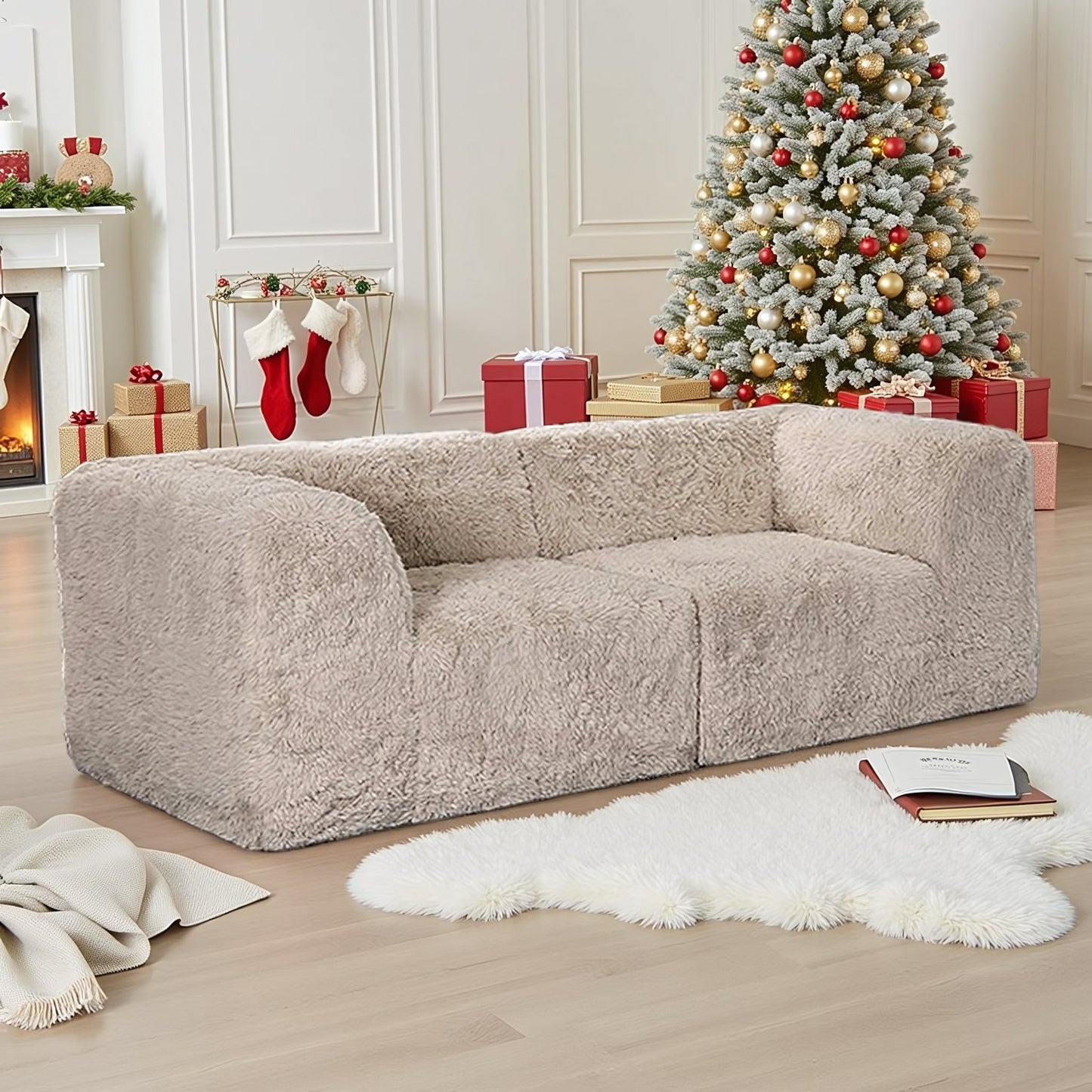 Deep Seating Compressed Foam Faux Fur Modular Loveseat, Contemporary 2-Seater for Living Room