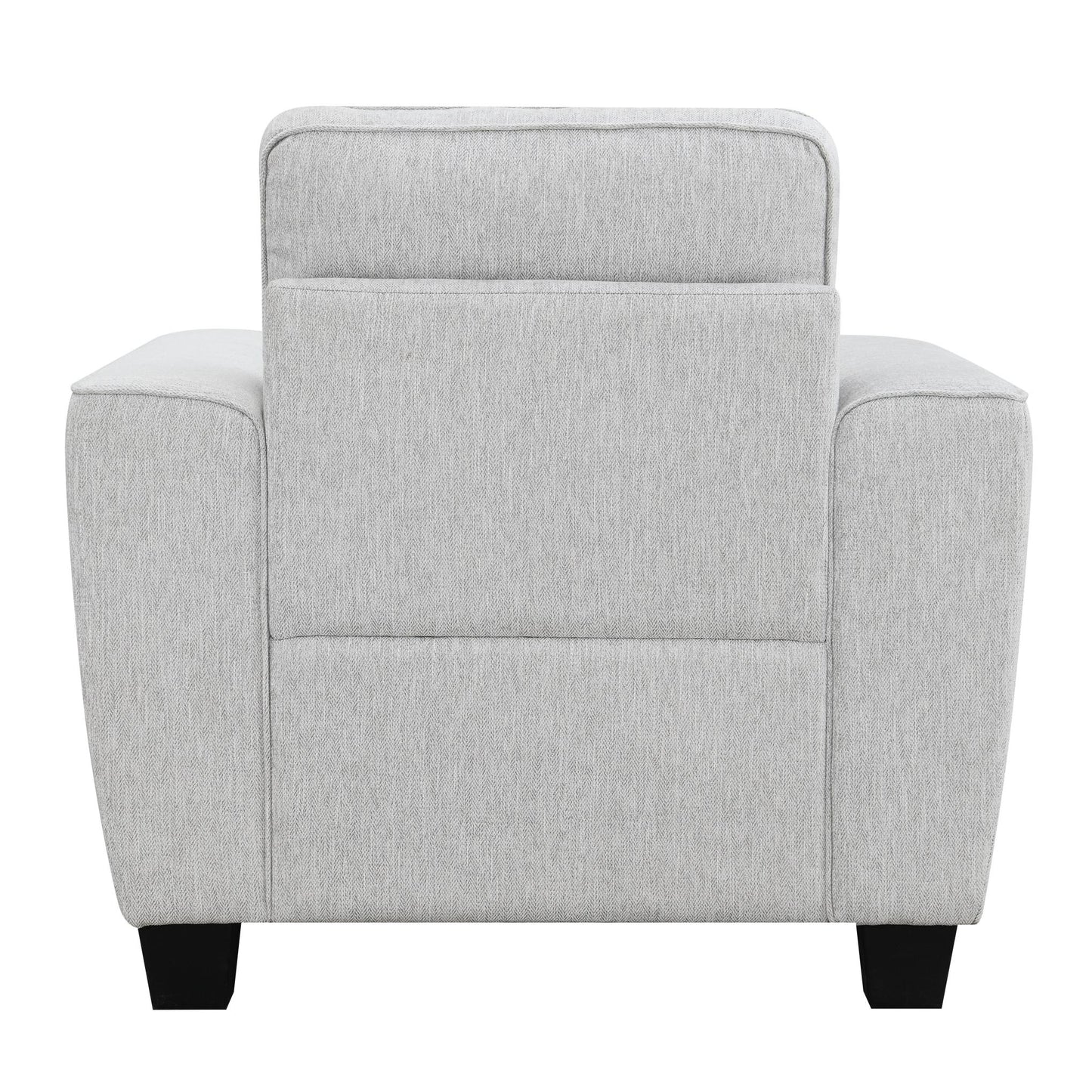 Transitional Chenille Armchair with Soft Track Arms and Walnut Wood Trim