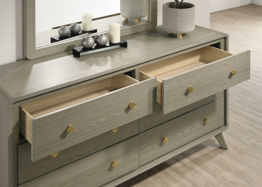 Modern Gray Rubberwood Dresser – Gold Metal Knobs and English Dovetail Drawers