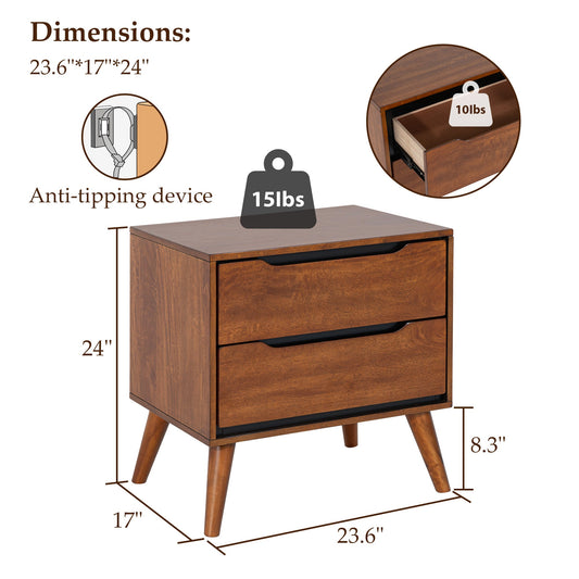 Fully Assembled Mid-Century Modern Solid Wood Nightstand - 2 Drawers, Sleek Tapered Legs and Hidden Pulls