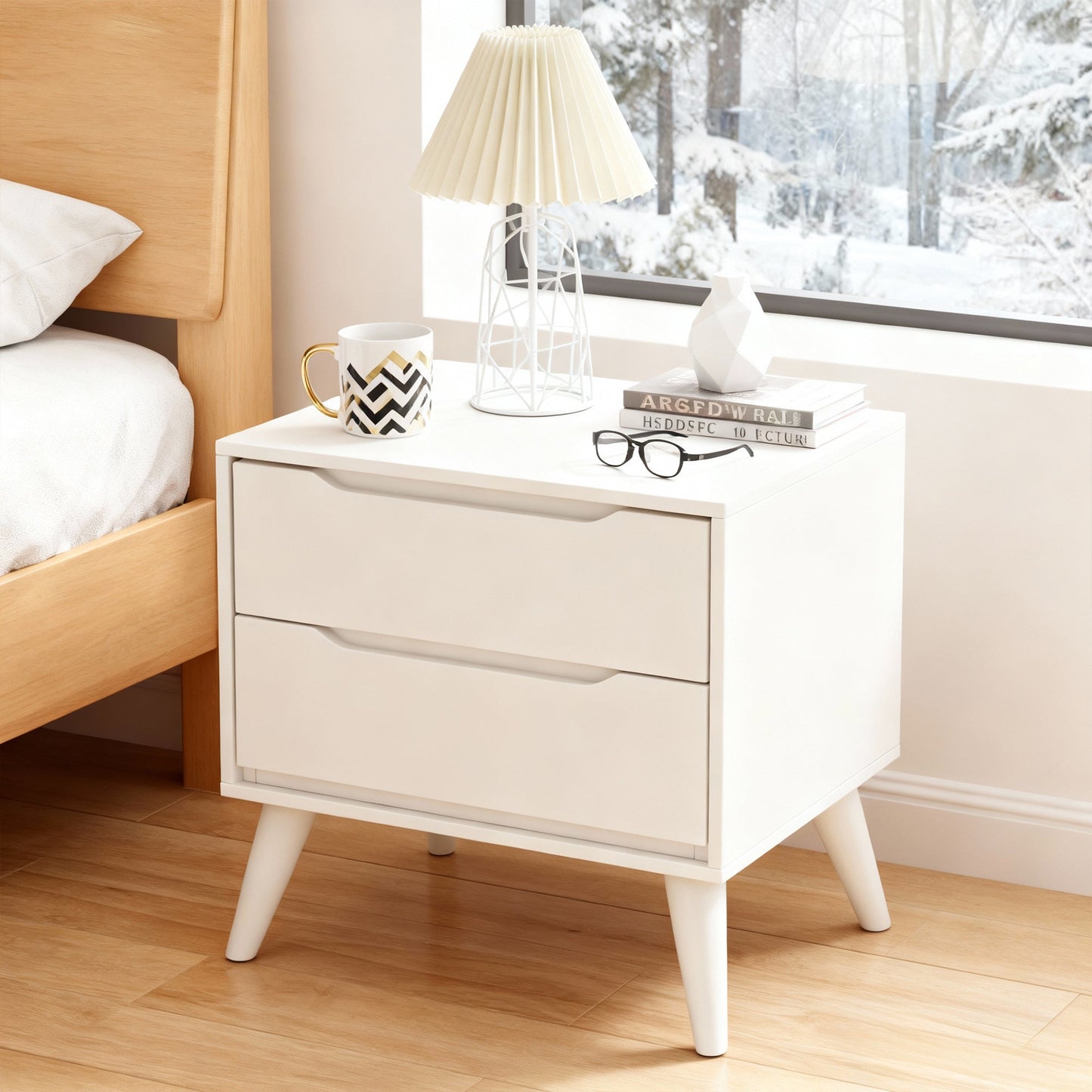Fully Assembled Mid-Century Modern Solid Wood Nightstand - 2 Drawers, Sleek Tapered Legs and Hidden Pulls