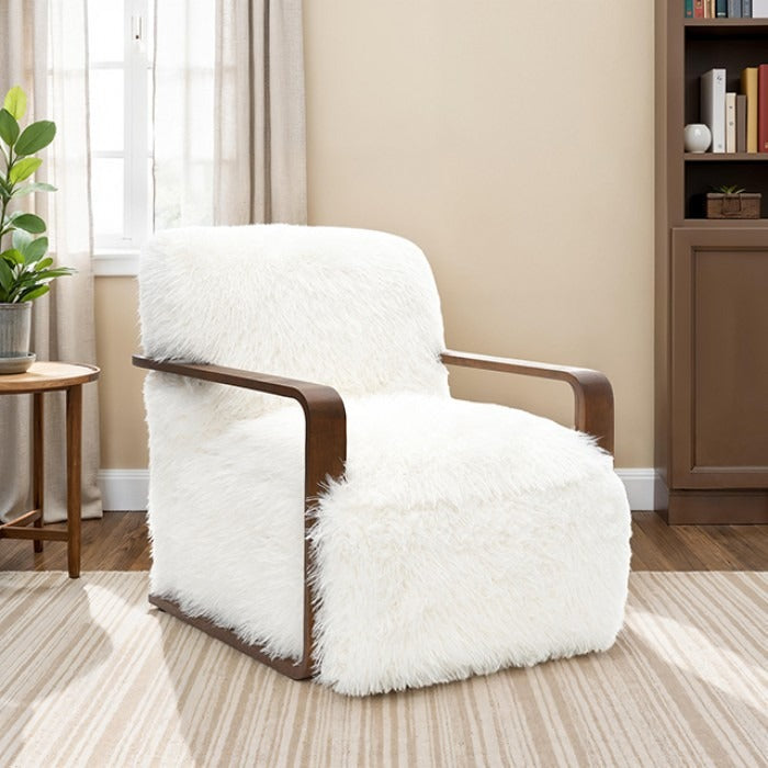 Ultra Soft Faux Fur Accent Chair – Retro Curves, Dark Walnut Wood Arms