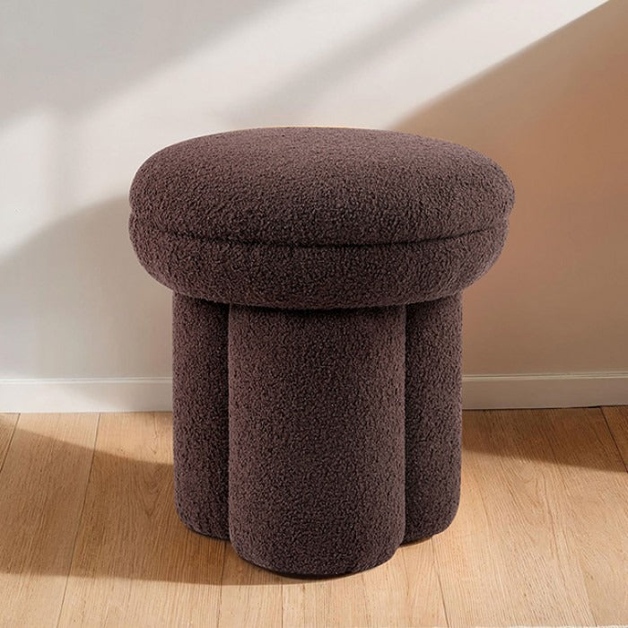 Contemporary Mushroom-Shape Stool – Shearling Teddy-Like Fabric, Pedestal Base