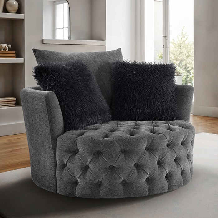 Oversized Button Tufted Swivel Chair with Faux Fur Pillows and Full Swivel