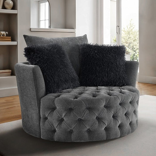 Oversized Button Tufted Swivel Chair with Faux Fur Pillows and Full Swivel