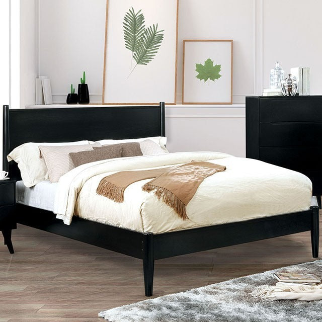 Mid-Century Modern Solid Wood Bed with Sleek Veneer Finish