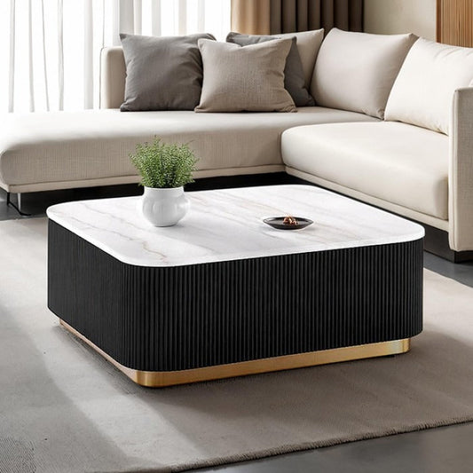 Modern Marble Cocktail Table – Genuine Marble Top with Gold Stainless Steel Base