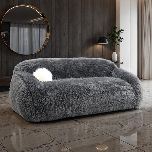 Contemporary Faux Fur Sofa – Plush Shaggy Texture, Full Swivel Chair + Ball Pillows