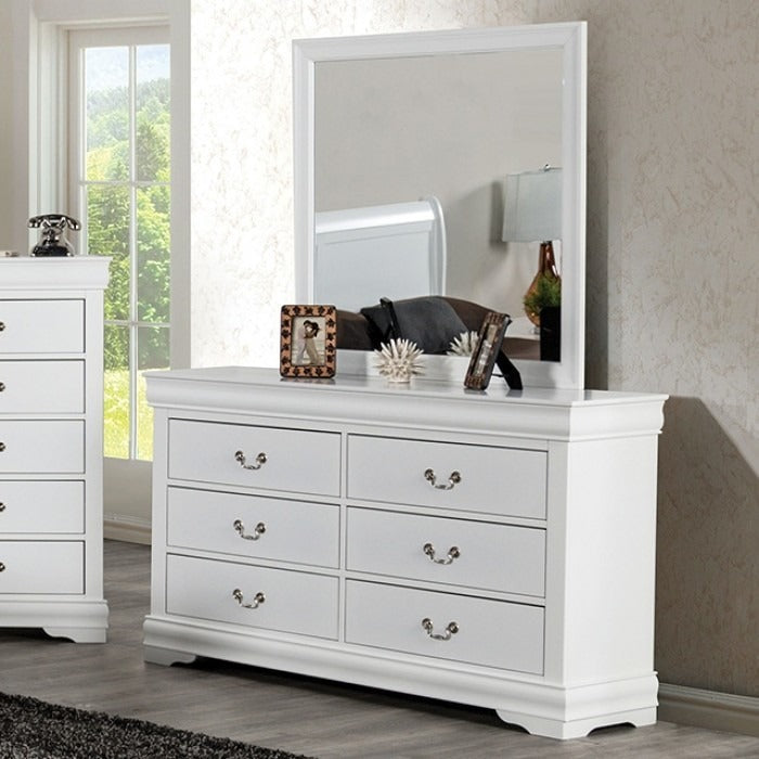 Transitional Sleigh Wood Dresser with Dovetail Drawers and Metal Pulls