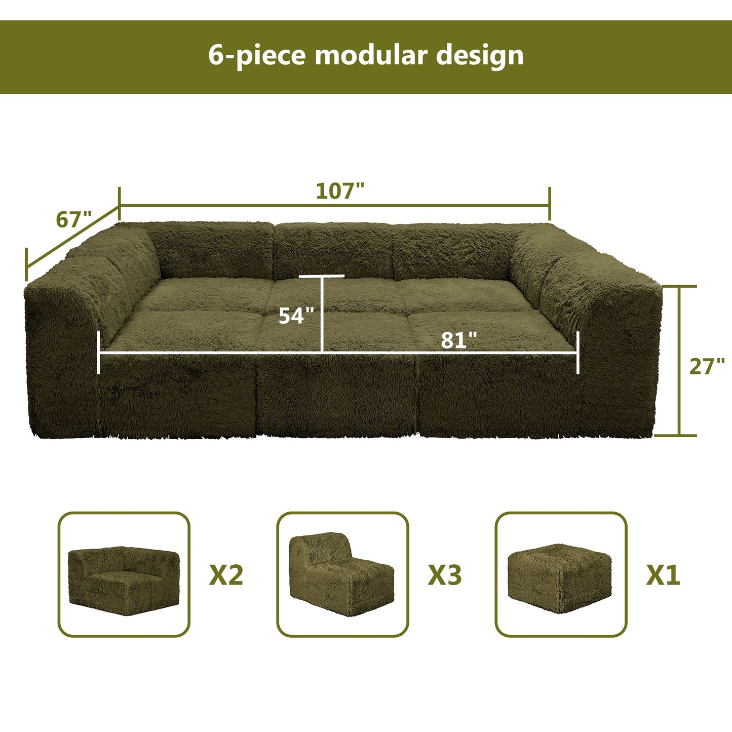 Contemporary Compressed Foam Faux Fur Daybed with Deep Seating and Modular Design