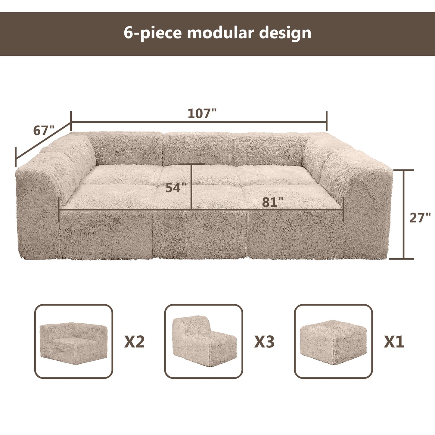 Contemporary Compressed Foam Faux Fur Daybed with Deep Seating and Modular Design