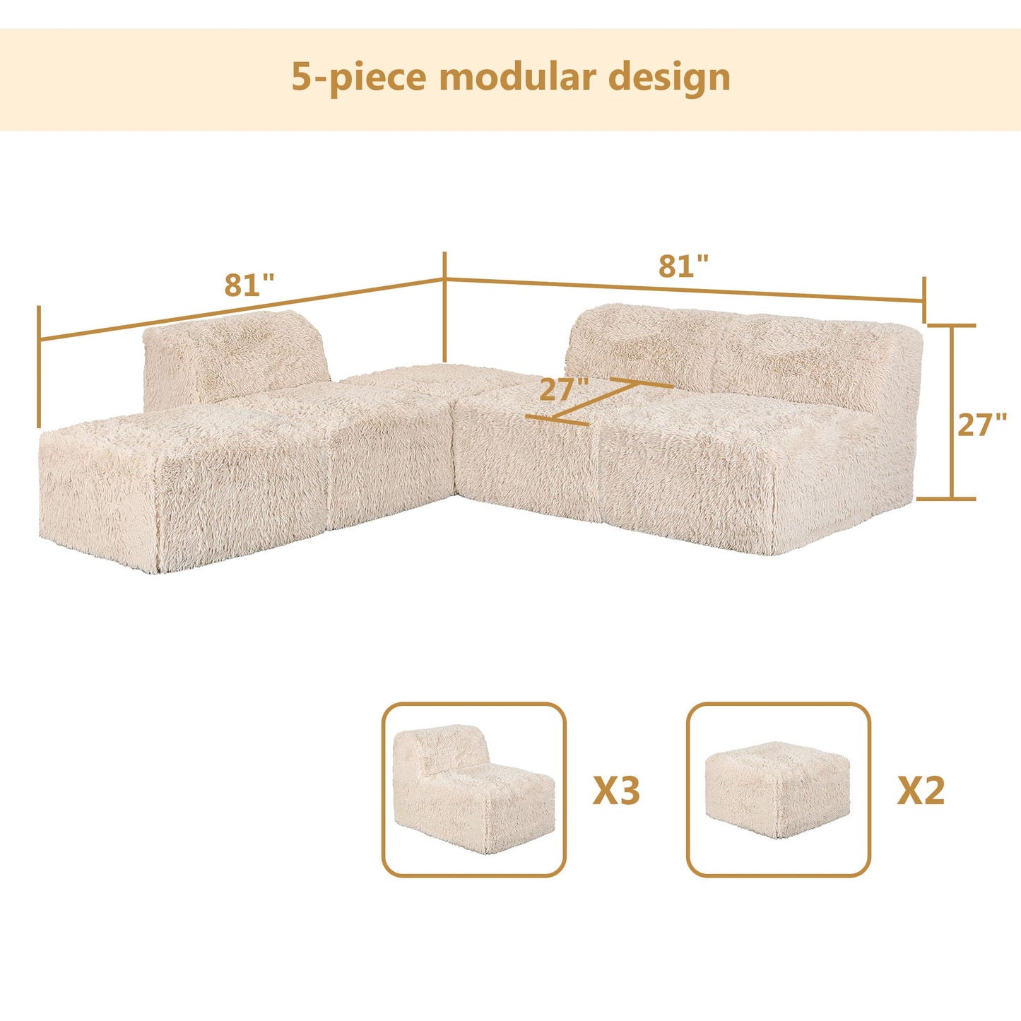 Contemporary Compressed Foam Modular Sectional Sofa with Asymmetrical Single Backrest – Deep Seating Comfort