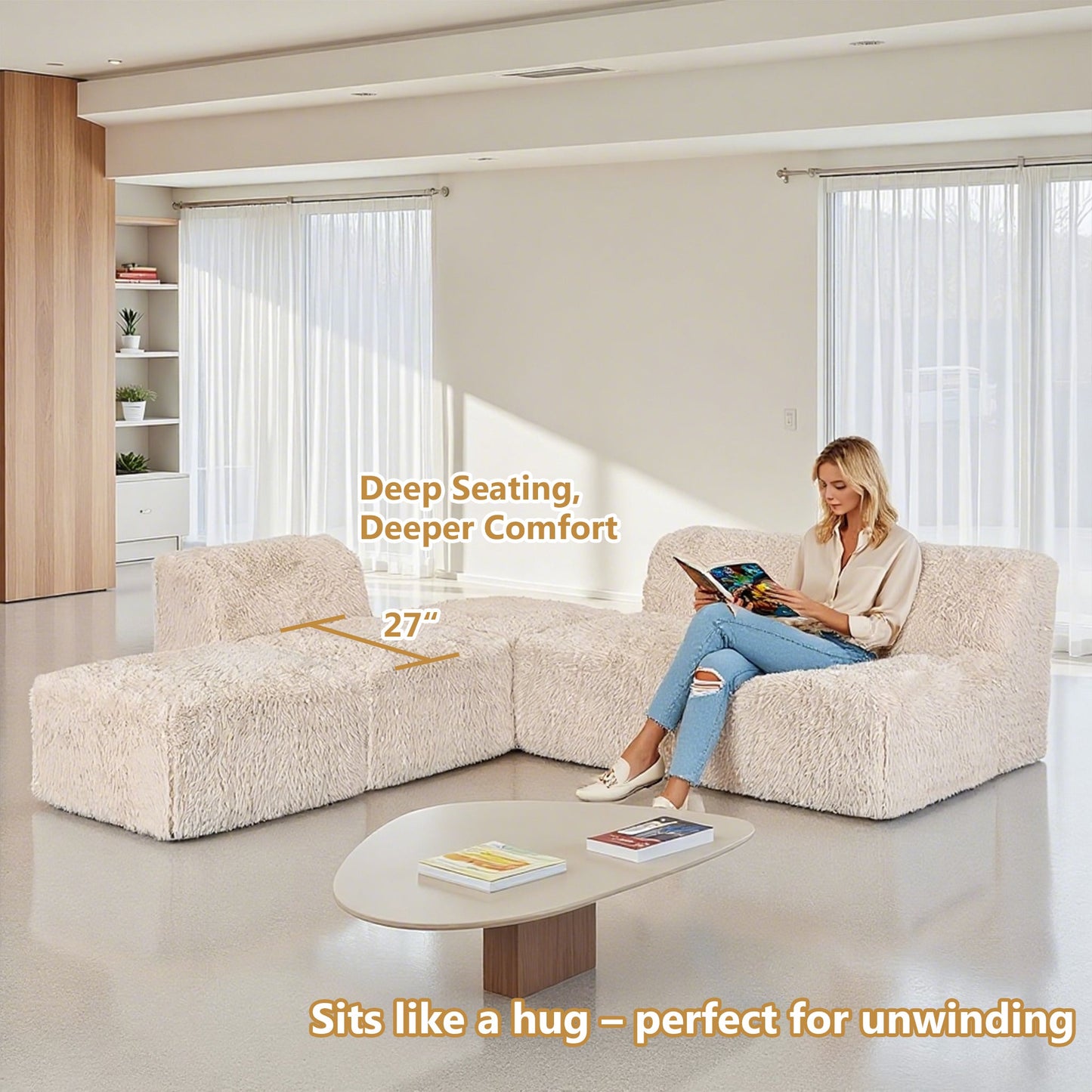 Contemporary Compressed Foam Modular Sectional Sofa with Asymmetrical Single Backrest – Deep Seating Comfort
