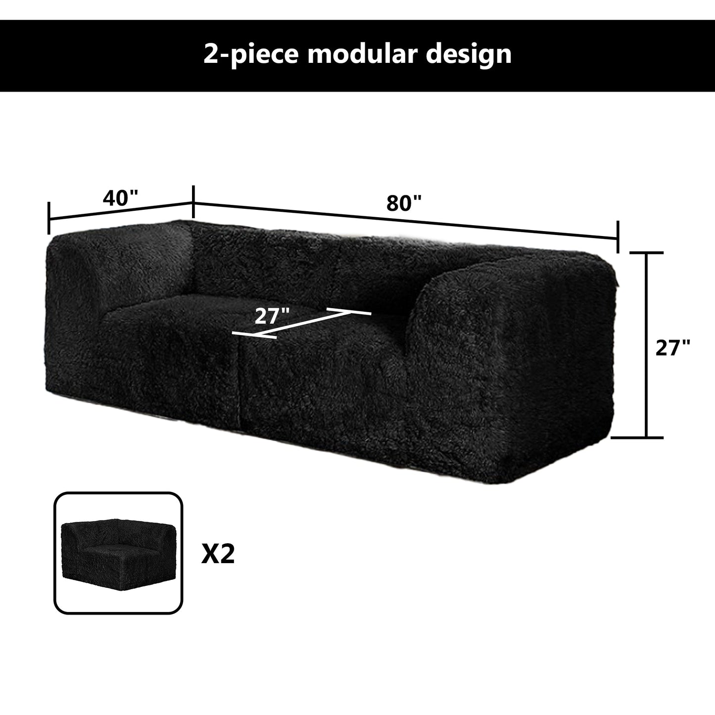Deep Seating Compressed Foam Faux Fur Modular Loveseat, Contemporary 2-Seater for Living Room