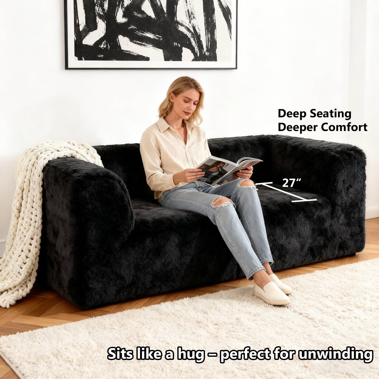 Deep Seating Compressed Foam Faux Fur Modular Loveseat, Contemporary 2-Seater for Living Room