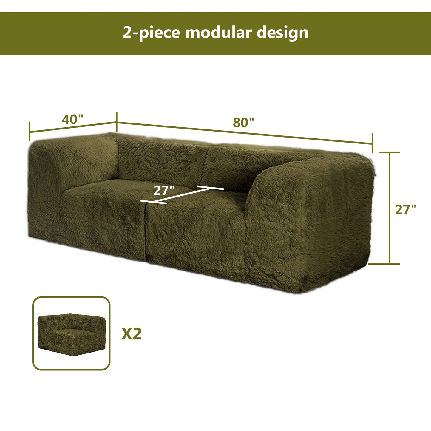 Deep Seating Compressed Foam Faux Fur Modular Loveseat, Contemporary 2-Seater for Living Room