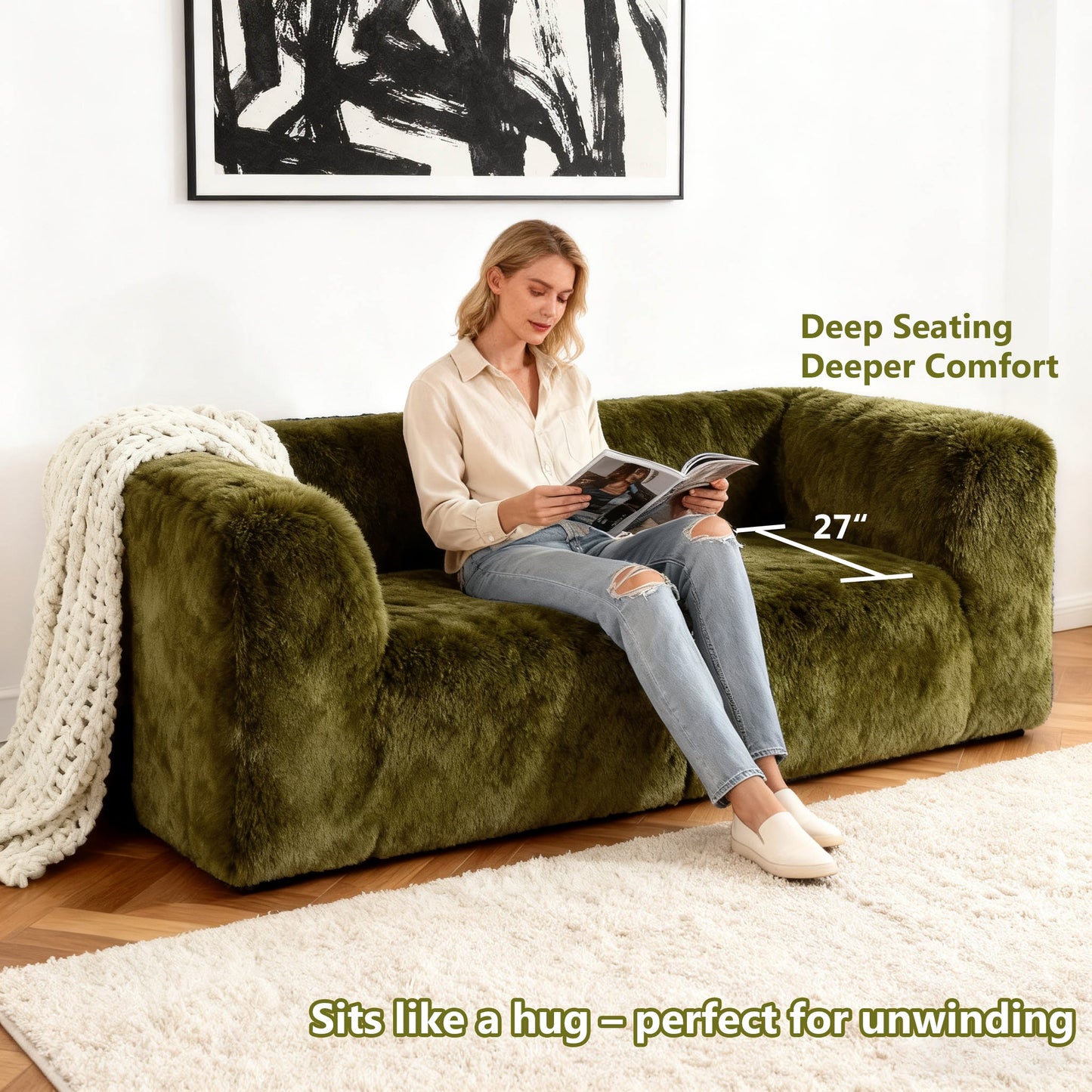 Deep Seating Compressed Foam Faux Fur Modular Loveseat, Contemporary 2-Seater for Living Room