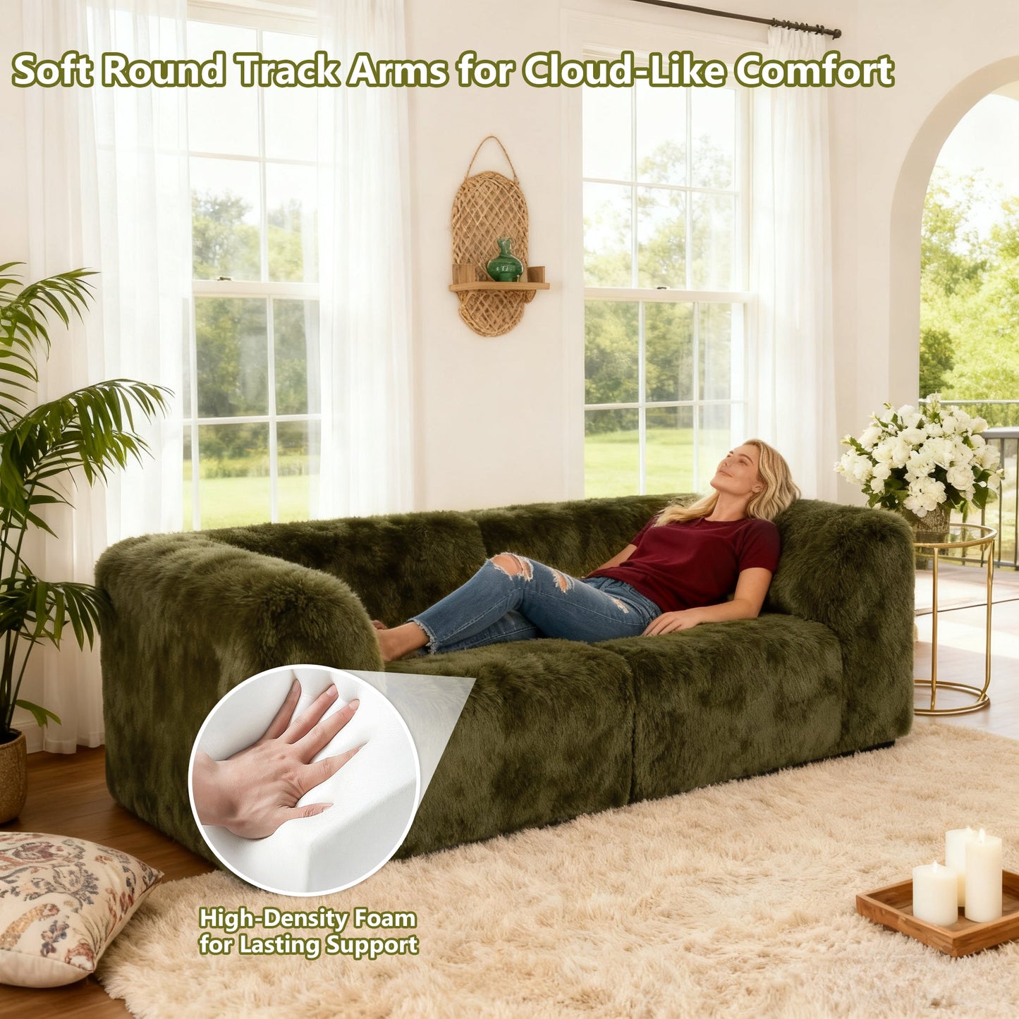 Deep Seating Compressed Foam Faux Fur Modular Loveseat, Contemporary 2-Seater for Living Room