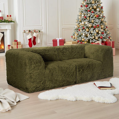 Deep Seating Compressed Foam Faux Fur Modular Loveseat, Contemporary 2-Seater for Living Room
