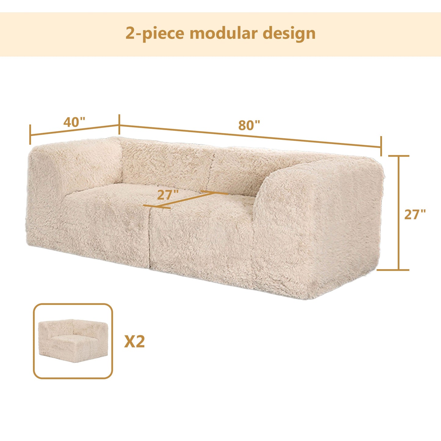 Deep Seating Compressed Foam Faux Fur Modular Loveseat, Contemporary 2-Seater for Living Room