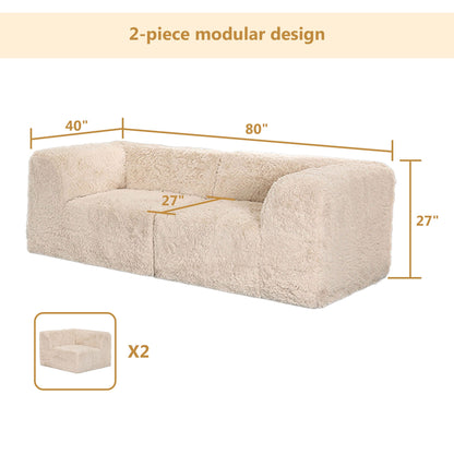 Deep Seating Compressed Foam Faux Fur Modular Loveseat, Contemporary 2-Seater for Living Room