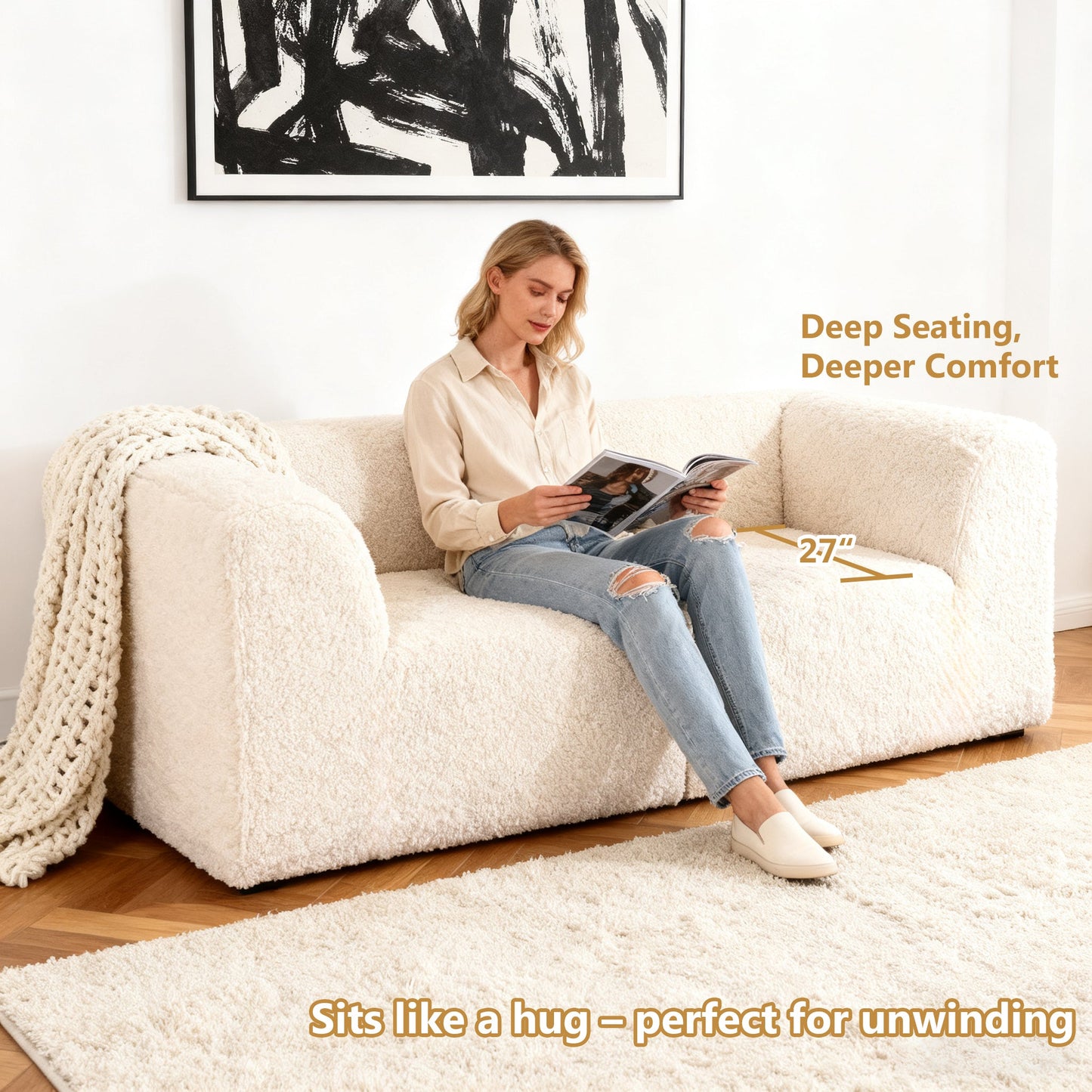 Deep Seating Compressed Foam Faux Fur Modular Loveseat, Contemporary 2-Seater for Living Room