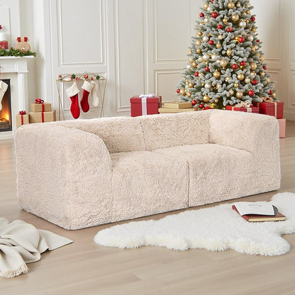 Deep Seating Compressed Foam Faux Fur Modular Loveseat, Contemporary 2-Seater for Living Room