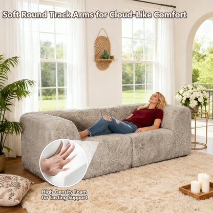 Deep Seating Compressed Foam Faux Fur Modular Loveseat, Contemporary 2-Seater for Living Room