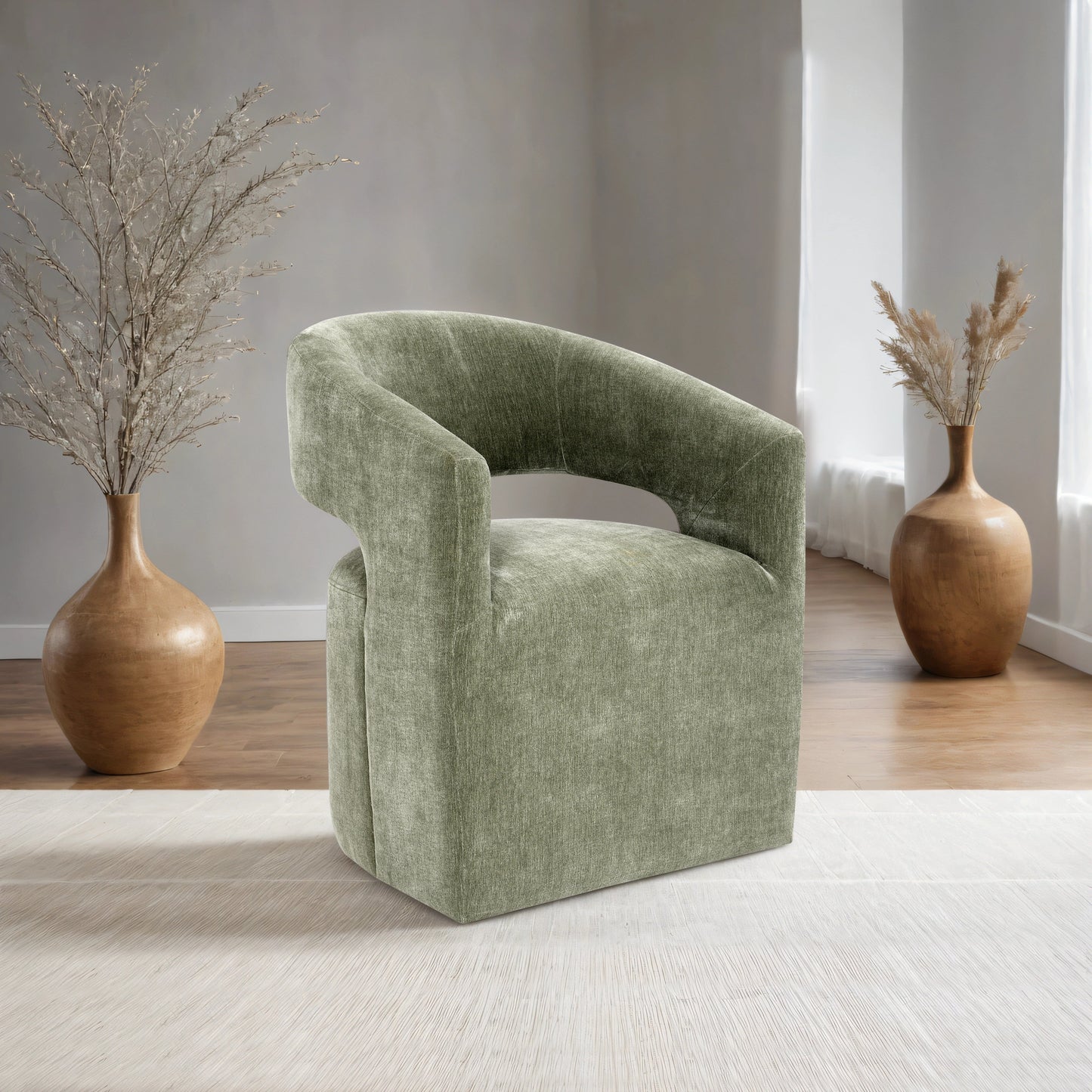 Contemporary Barrel-Back Arm Chair with Casters – Neutral Textured Fabric