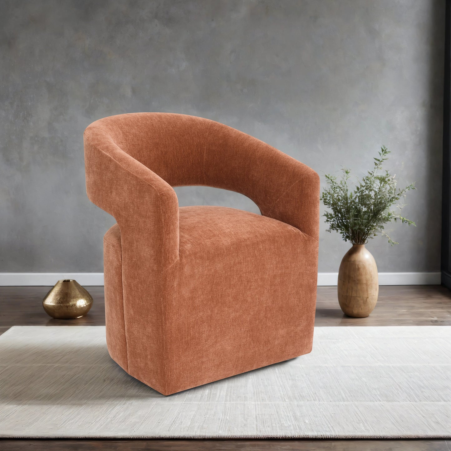 Contemporary Barrel-Back Arm Chair with Casters – Neutral Textured Fabric