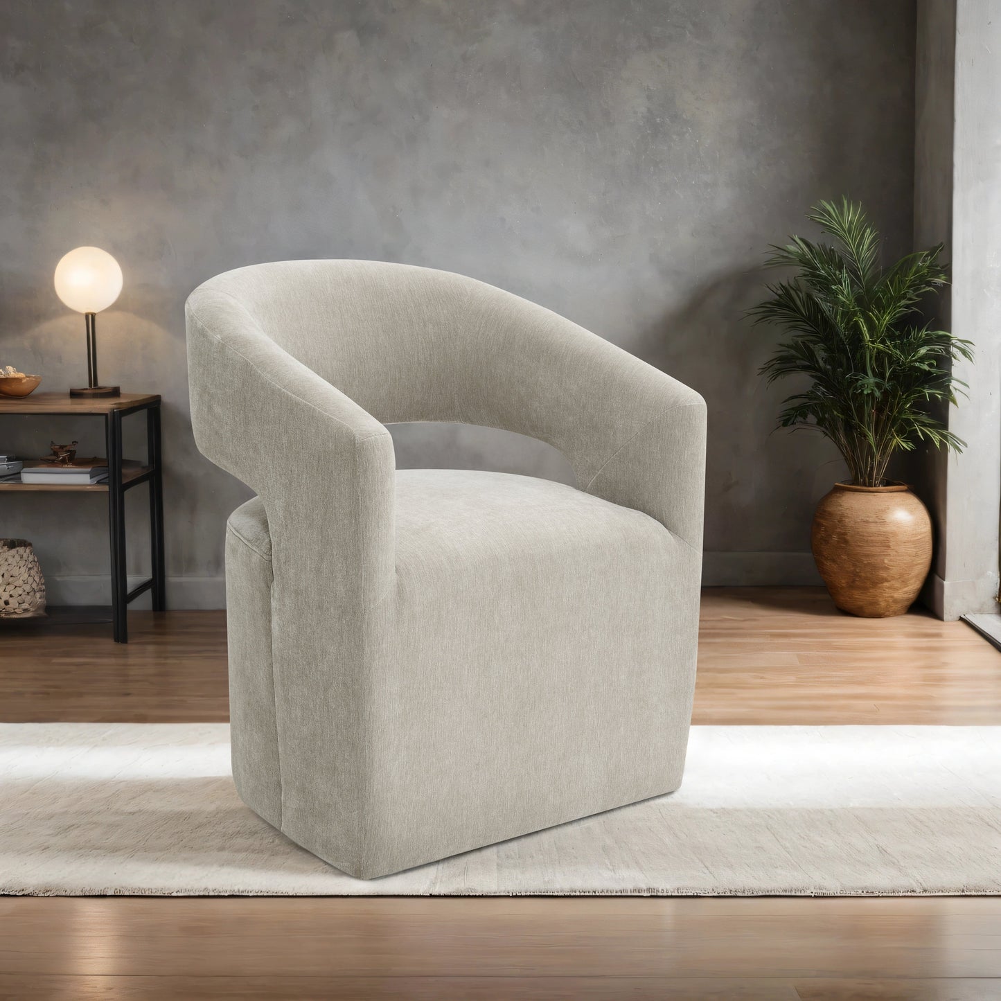 Contemporary Barrel-Back Arm Chair with Casters – Neutral Textured Fabric