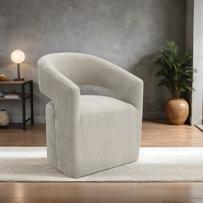 Contemporary Barrel-Back Arm Chair with Casters – Neutral Textured Fabric