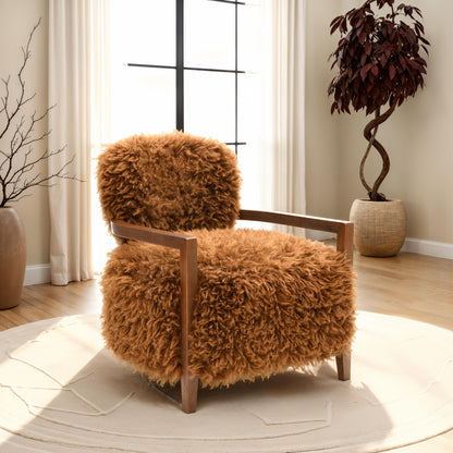 Contemporary Yeti Accent Chair – Ultra Soft Faux Fur, Dark Walnut Wood Arms