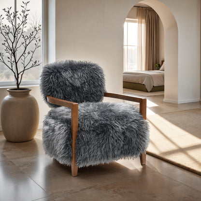 Contemporary Yeti Accent Chair – Ultra Soft Faux Fur, Dark Walnut Wood Arms