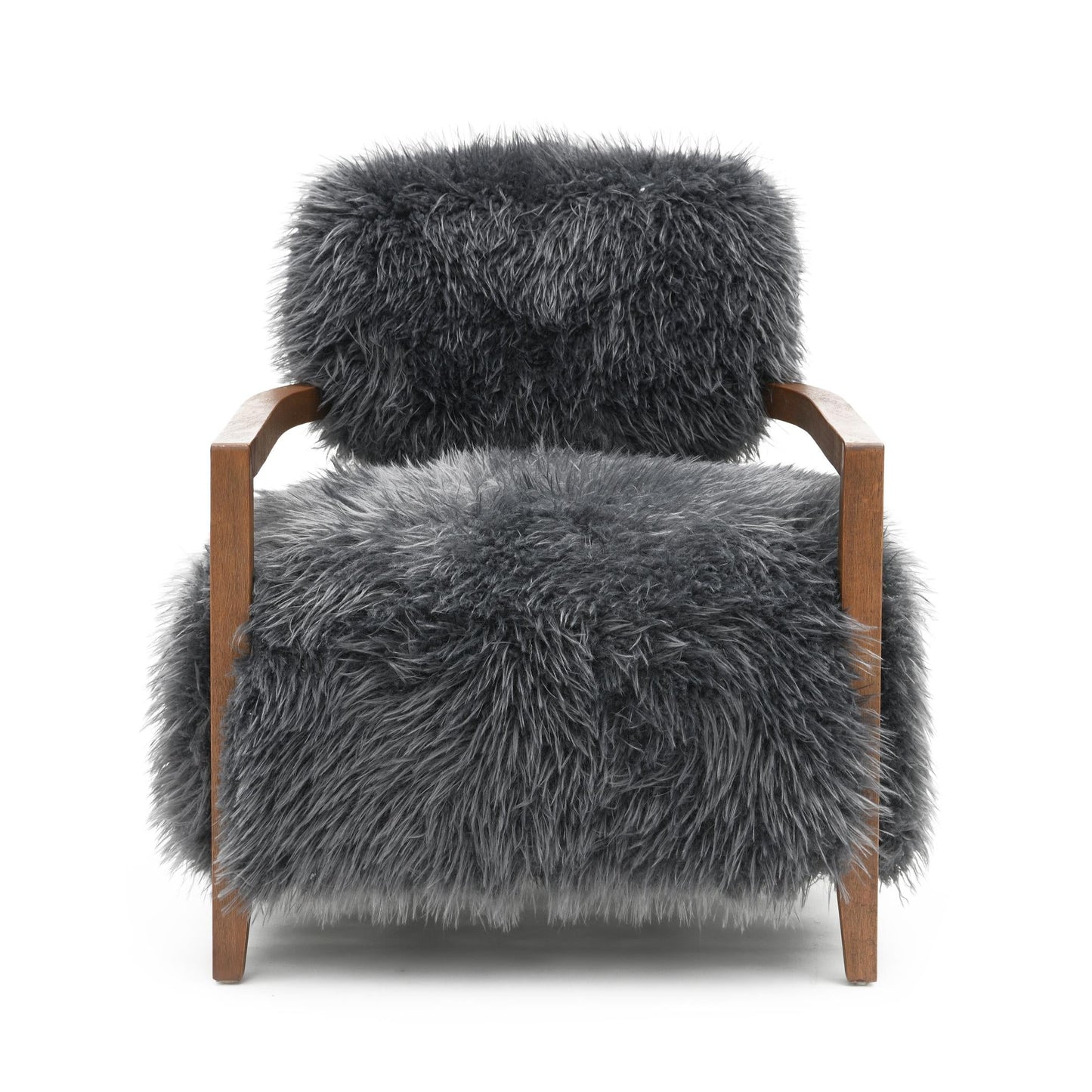 Contemporary Yeti Accent Chair – Ultra Soft Faux Fur, Dark Walnut Wood Arms