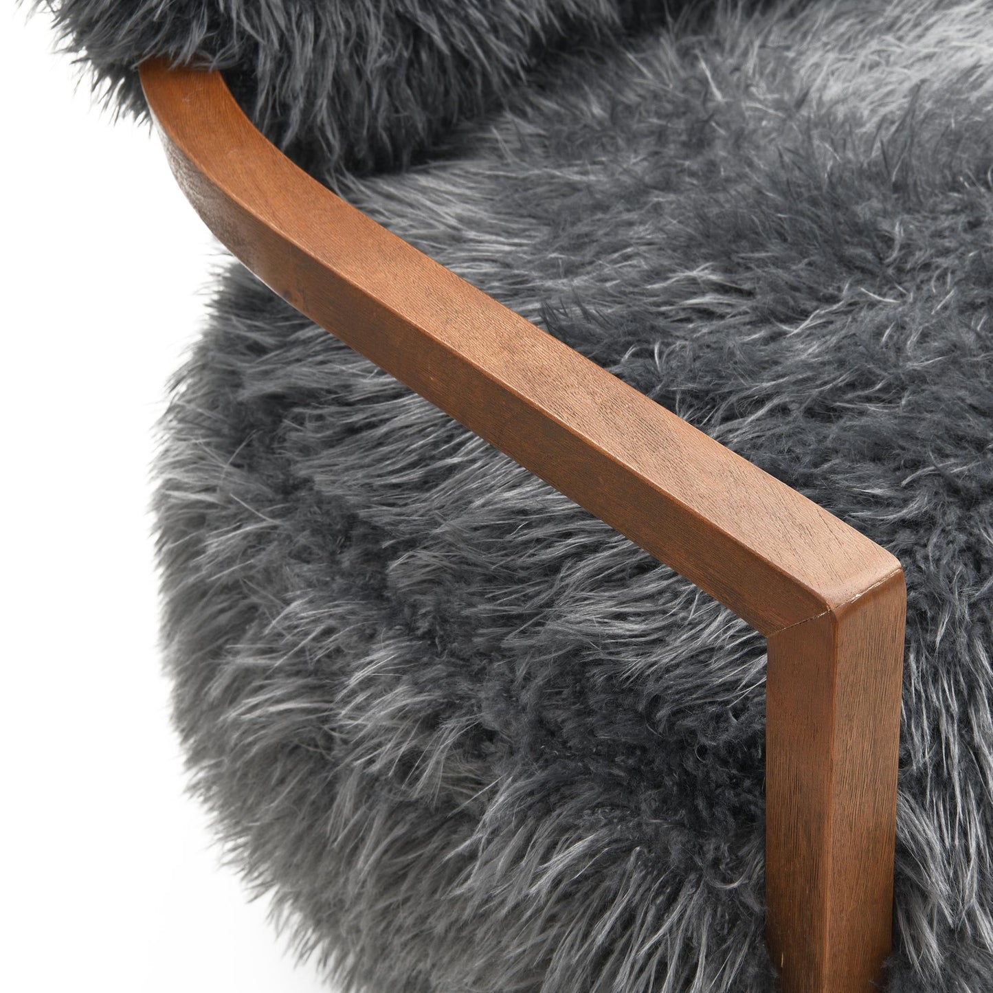 Contemporary Yeti Accent Chair – Ultra Soft Faux Fur, Dark Walnut Wood Arms