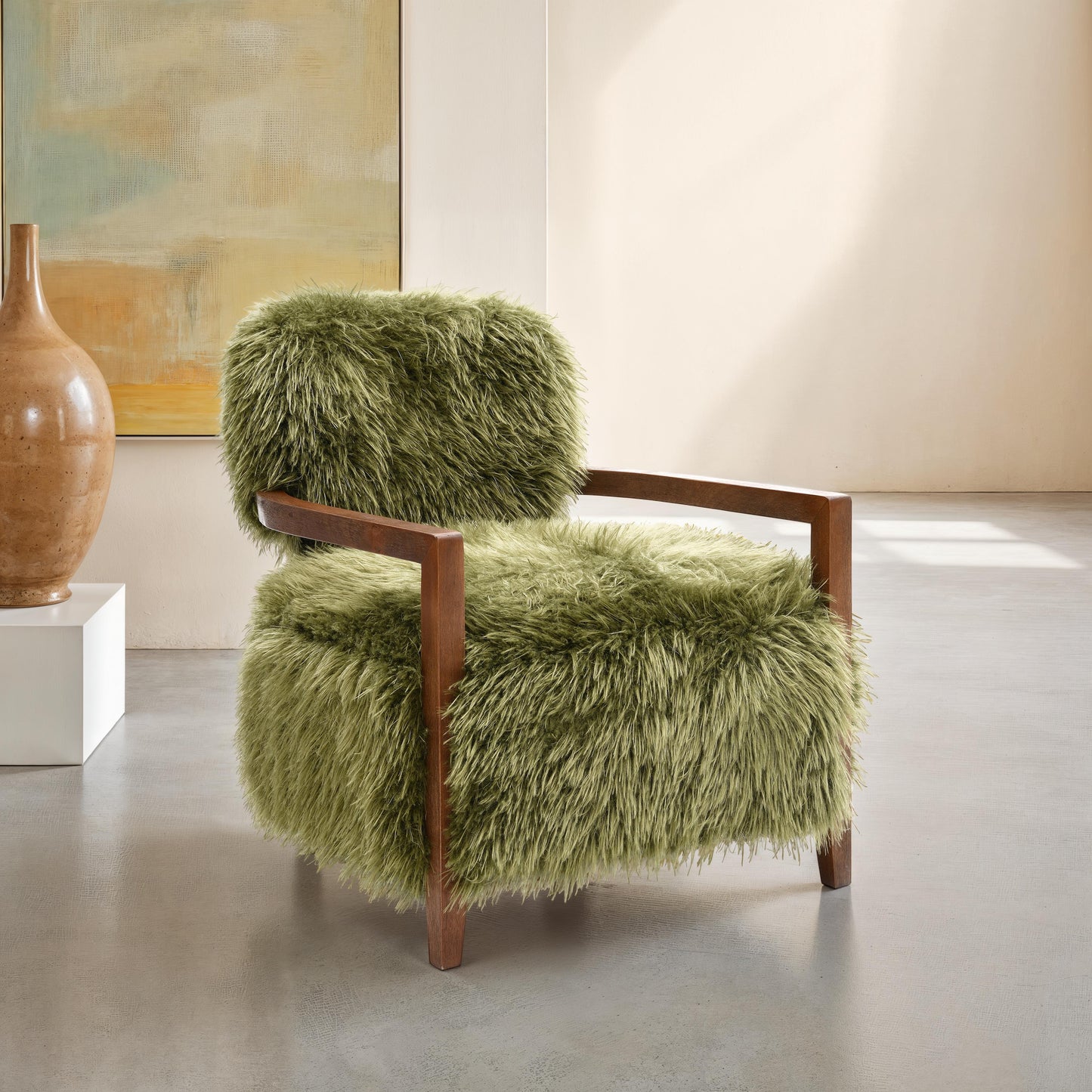 Contemporary Yeti Accent Chair – Ultra Soft Faux Fur, Dark Walnut Wood Arms