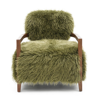 Contemporary Yeti Accent Chair – Ultra Soft Faux Fur, Dark Walnut Wood Arms
