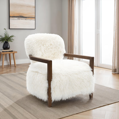 Contemporary Yeti Accent Chair – Ultra Soft Faux Fur, Dark Walnut Wood Arms
