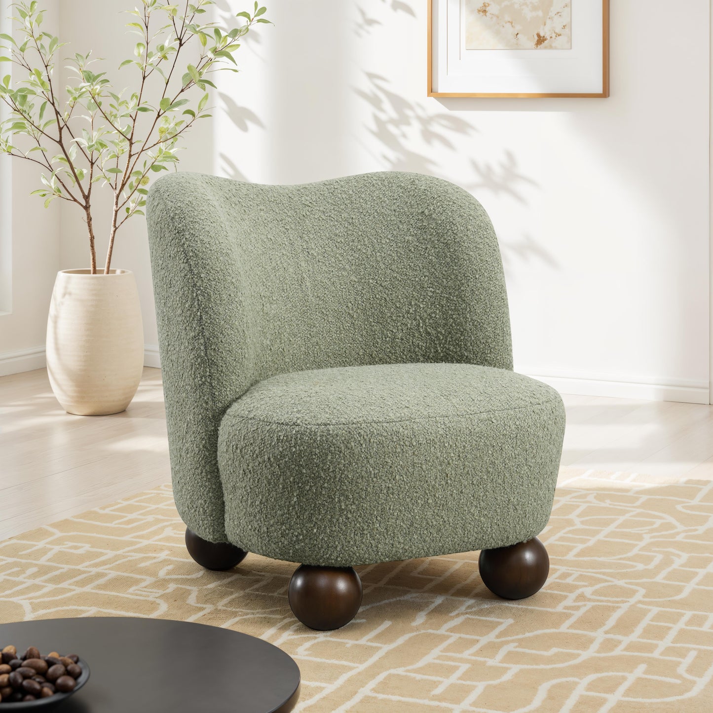 Contemporary Boucle Accent Chair – Sculptural Wood Ball Feet, Wide Seat