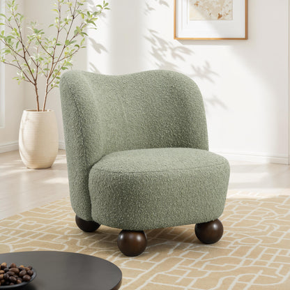 Contemporary Boucle Accent Chair – Sculptural Wood Ball Feet, Wide Seat