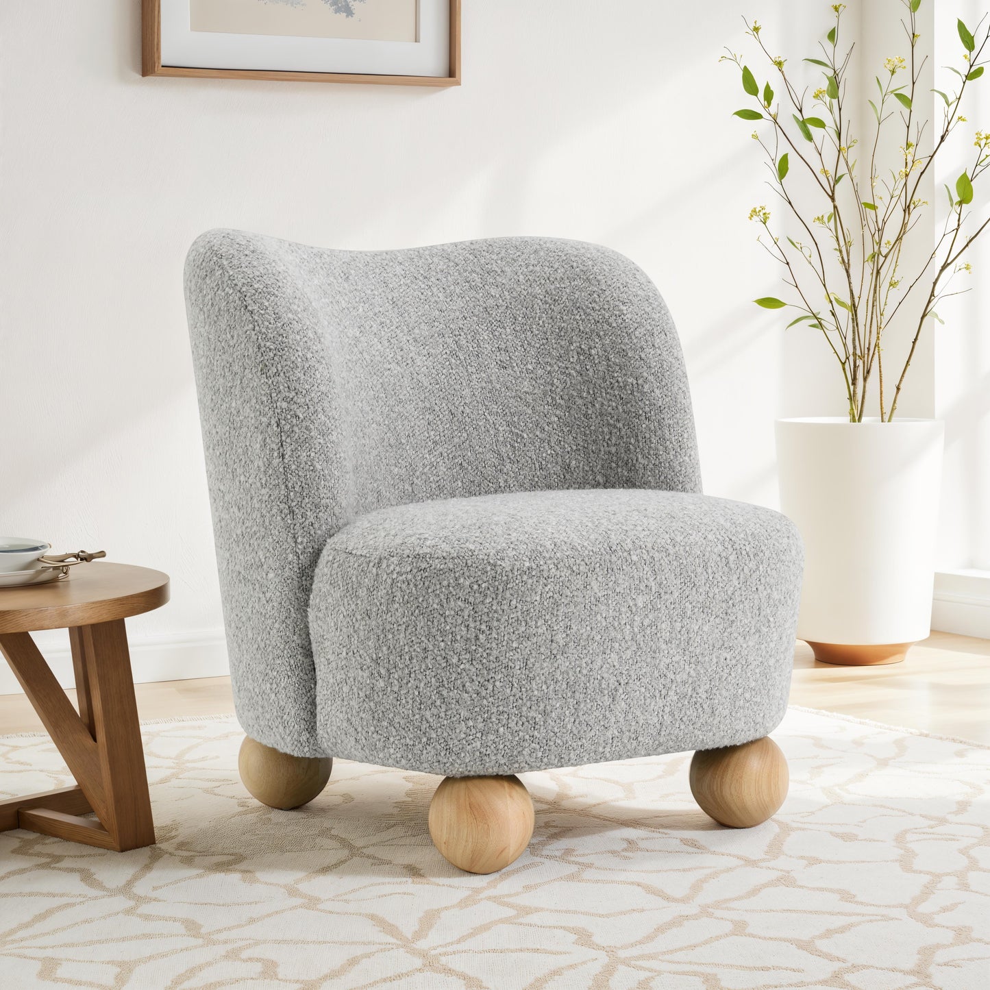 Contemporary Boucle Accent Chair – Sculptural Wood Ball Feet, Wide Seat
