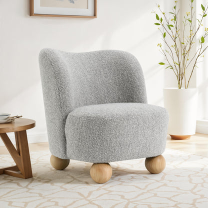 Contemporary Boucle Accent Chair – Sculptural Wood Ball Feet, Wide Seat