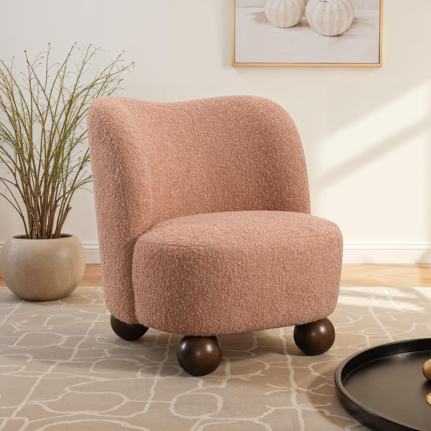 Contemporary Boucle Accent Chair – Sculptural Wood Ball Feet, Wide Seat