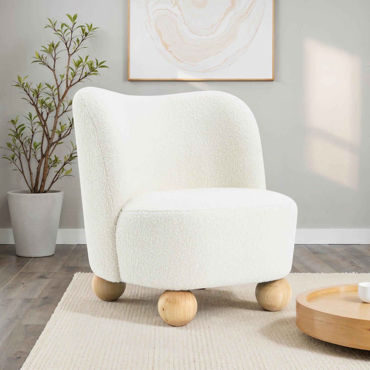 Contemporary Boucle Accent Chair – Sculptural Wood Ball Feet, Wide Seat