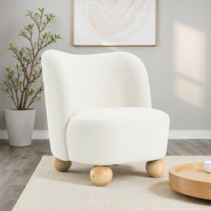 Contemporary Boucle Accent Chair – Sculptural Wood Ball Feet, Wide Seat