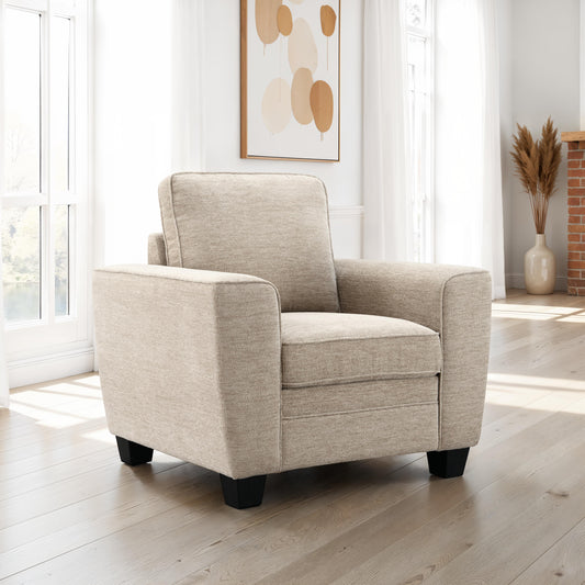 Transitional Chenille Armchair with Soft Track Arms and Walnut Wood Trim