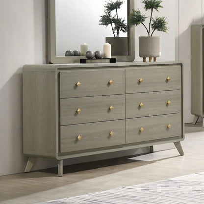 Modern Gray Rubberwood Dresser – Gold Metal Knobs and English Dovetail Drawers