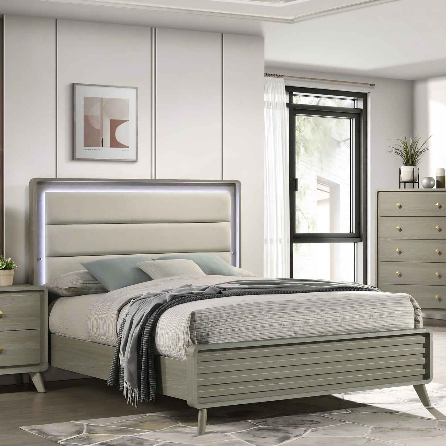 Contemporary Gray Bed with LED Wood Panel Headboard