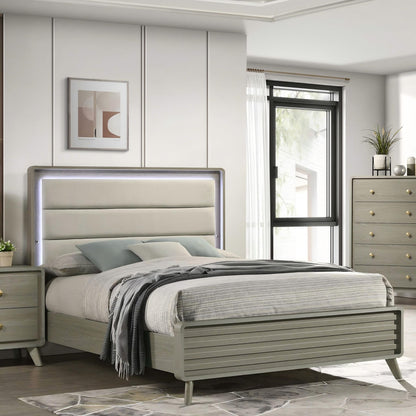 Contemporary Gray Bed with LED Wood Panel Headboard